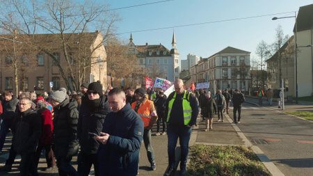 MULHOUSE, FRANCE - FEBRUARY, 2023 Many French protesters in the street , time lapseのeditorial素材
