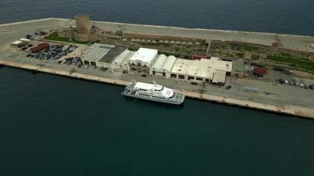 RHODES, GREECE - JANUARY 13, 2023. Aerial view of a docked ferry ship of Rhodes - Fethiye lineのeditorial素材