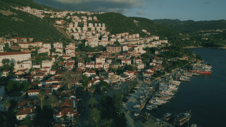 KAS, TURKEY - MARCH, 2023. Aerial shot of the town of Kas in the eveningのeditorial素材