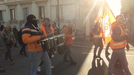 MULHOUSE, FRANCE - FEBRUARY, 2023 CFDT or French Democratic Confederation of Labour protesters with drumsのeditorial素材
