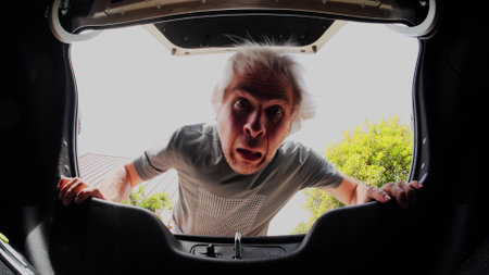 A man gets frightened after opening the trunk of his car. Scary surprise conceptの写真素材