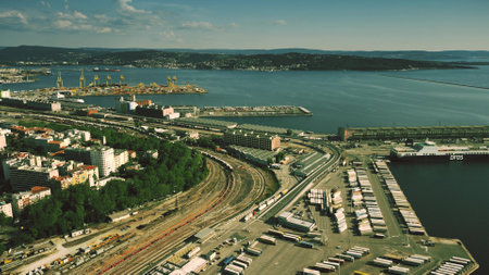 TRIESTE, ITALY - MAY 20, 2023. Aerial view of the sea port and major container terminal of the city...