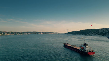 ISTANBUL, TURKEY - MAY 14, 2023. Aerial view of the Ramus general cargo ship moving along the Bosphorus Straitのeditorial素材