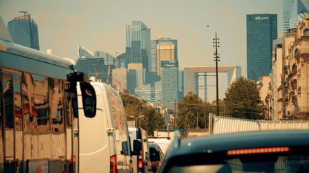 PARIS, FRANCE - JUNE 13, 2023. Traffic jam and heat haze in Paris on a very hot summer dayのeditorial素材