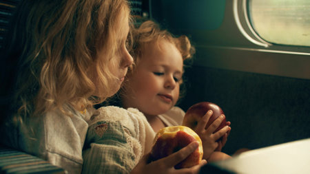 Two little sisters eat apples in the high speed train in Franceの写真素材