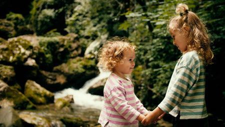 Little sisters hold hands at beautiful Alpine waterfall in the woodsの写真素材