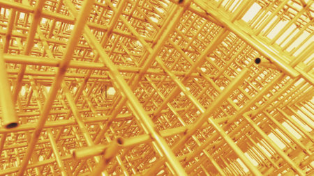 Complex regular structure made of many golden tubesの写真素材