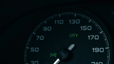 CITY sign appears on speedometer of a modern car, close-up shot. Transportation safety and speed limit conceptsの写真素材