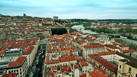 Aerial view of Lyon, France. Rue de la Republique view towards City Hall and Opera de Lyon buildingsの写真素材