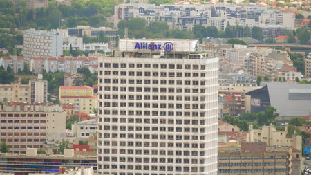 MARSEILLE, FRANCE - AUGUST 9, 2023. Allianz SE insurance company logo atop of the buildingのeditorial素材