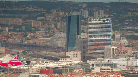 MARSEILLE, FRANCE - AUGUST 9, 2023. The CMA CGM Tower skyscraper in Euromediterranee, the central business district of Marseilleのeditorial素材