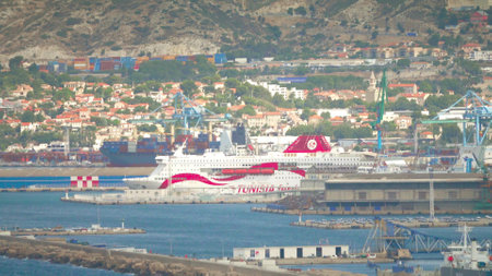 MARSEILLE, FRANCE - AUGUST 9, 2023. CTN Tunisia Ferries ship in the portのeditorial素材