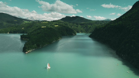 Artial view of a sail trimaran on the Lake of Monteynard-Avignonet, Franceの写真素材