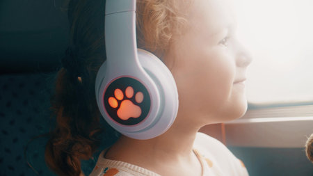 Happy little girl listens to the music on her headphones in train