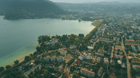 Aerial shot of Annecy, the waterfront area, Franceの写真素材