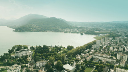 Aerial shot of the town of Annecy and the lake, Franceの写真素材