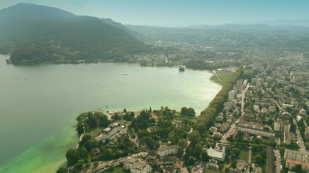 Aerial establishing shot of Annecy and the Lake Annecy, Franceの写真素材