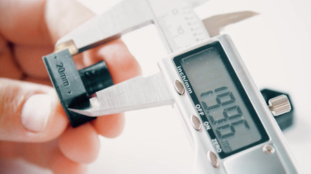 Engineer measures 3D printed sample with an electronic caliper or calliper. Metrology or quality control related close-up shotの写真素材