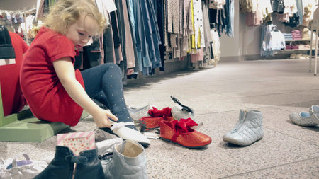 A little girl in a red dress tries on many different shoes at the storeの写真素材