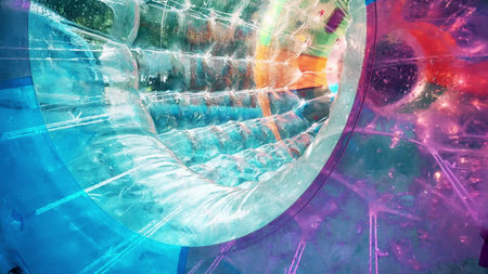 Inside the zorb cylinder or water roller