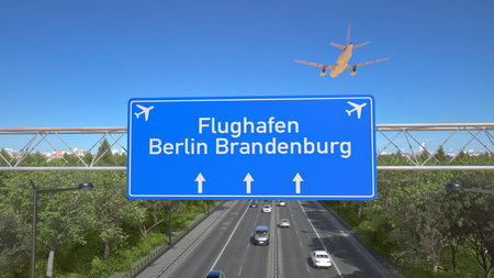 Blue motorway sign for Berlin Brandenburg Airport with an airliner flying above along the road toward the airport. 3D renderingの写真素材