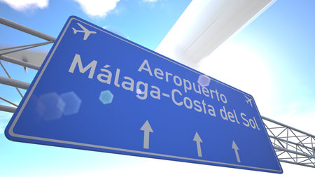 Realistic 3D render of blue sign near Malaga Costa del Sol Airport with aircraft climbing above motorway, departing from Malaga, Spain. 3D renderingの写真素材