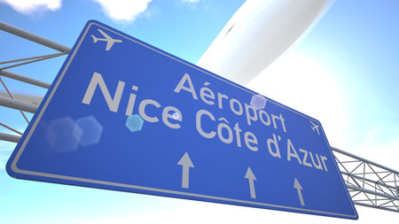 Minimalist transport sign for Nice Cote dAzur Airport with plane lifting off beyond the sign, departing from Nice, France. 3D renderingの写真素材
