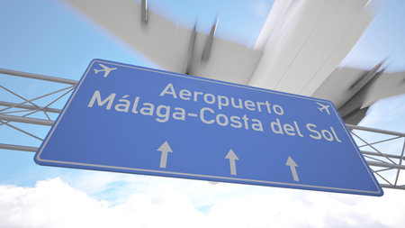 Highway direction sign for Malaga Costa del Sol Airport with plane arriving in bright daylight, arriving to Malaga, Spain. 3D renderingの写真素材