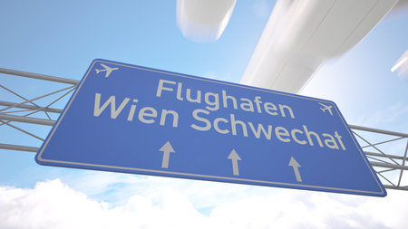 Highway marker pointing to Vienna Schwechat Airport with aircraft descending above the road, arriving to Vienna, Austria. 3D renderingの写真素材