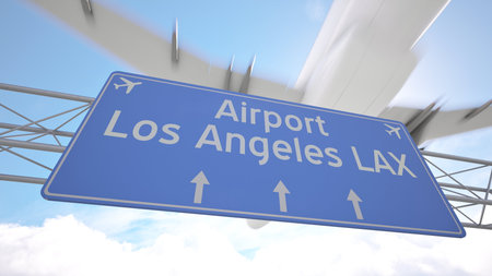 Highway direction sign for Los Angeles LAX Airport with plane nearing the city skyline, arriving to Los Angeles, United States. 3D renderingの写真素材