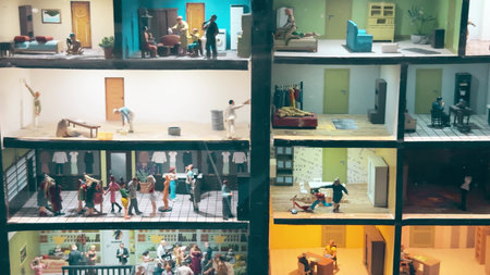 Miniature lifestyle scenes in multiple tiny rooms, diverse everyday activitiesの写真素材