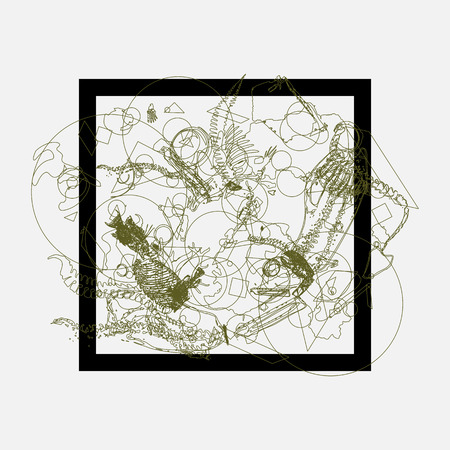Vintage  abstrct card whith square and doodle elements. Hand drawn style.のイラスト素材