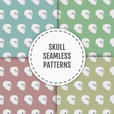 Seamless pattern with skulls on blue, green, red and yellow backgrounds. Vector illustration for card, posters, banners, textile prints, cover, web design.のイラスト素材