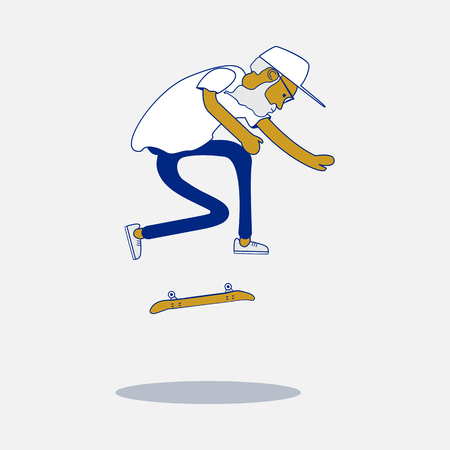 Cool vector hipster skater with beard and sunglasses doing a trick on skateboard. Urban citizen character. Skateboarding illustration.のイラスト素材