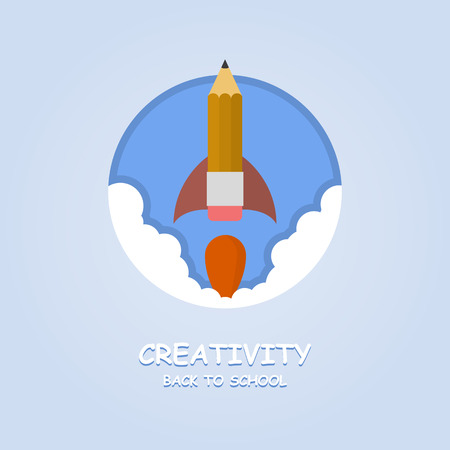 Rocket ship launch made with pencil. Vector colorful background with graduation concept in flat style for education. Back to school image. Creativity learning.のイラスト素材