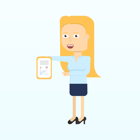 Happy businesswoman character smiling isolated in flat style. Modern woman holding clipboard and showing a graph or presenting growing business. Vector illustration.のイラスト素材
