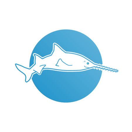 Blue flat  sawfish for company and business.  of tourism, resort or hotel by the sea or ocean. Icon of animal jumping isolated. Vector design of label sign, app, UI and web.のイラスト素材