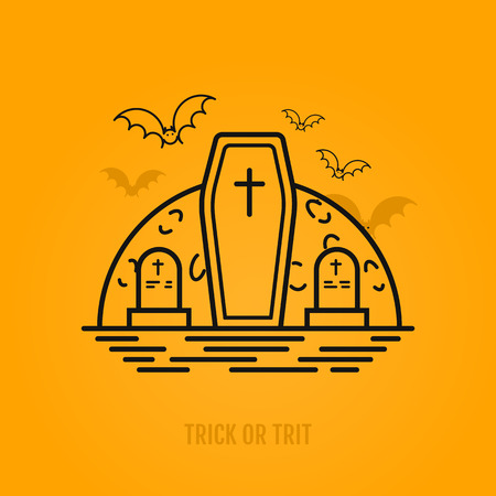 Happy halloween conceptc with bats, moon, coffin and graves. Night party design for banner, web graphics, wallpaper, page background, invitation. Trick or Treat. Vector Illustration 31 october.のイラスト素材