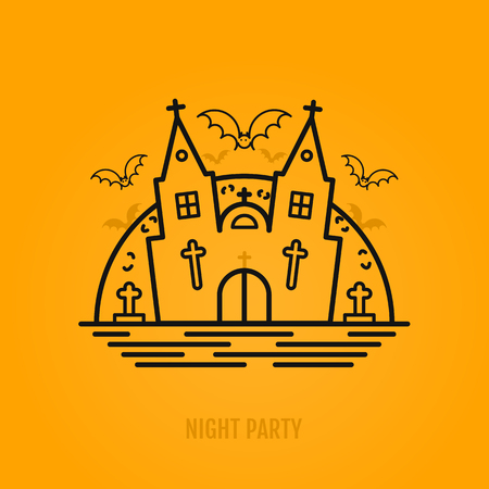 Happy halloween concept with bats, moon, castle church and graves. Night party design for banner, web graphics, wallpaper, page background, invitation. Night party. Vector Illustration 31 october.のイラスト素材