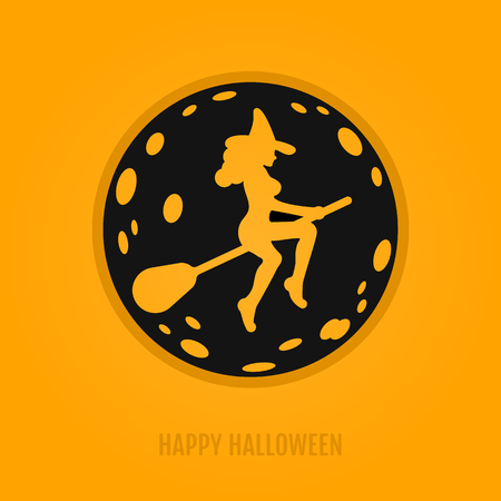 Happy halloween concept with moon and witch on a broomstick. Night party design for banner, web graphics, wallpaper, page background, invitation, greeting card, flyer, poster templates.Vector Illustration 31 october.のイラスト素材