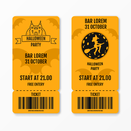 Set of halloween ticket on holiday party with castle church graves bats moon witch on a broomstick isolated. Flyer template design. Club event admission or entrance ticket layout. Vector illustration.のイラスト素材