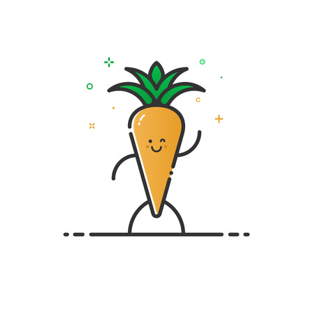 illustration of funny carrot character cartoon isolated in line style. Linear orange cute vegetable icon with face smile. Flat design for banner web page and mobile app Outline vegan expressionのイラスト素材