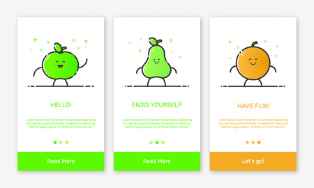 Vector Illustration of onboarding app screens and outline fruit icons for mobile apps. Modern green and orange interface UX, UI GUI screen template for mobile smart phone or responsive web site.の写真素材