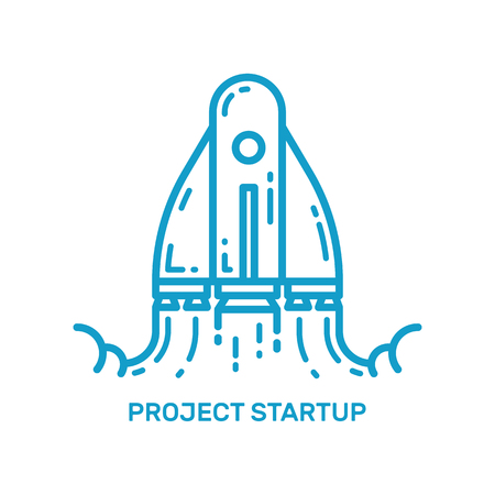Vector illustration of flying rocket ship in line style. Space rocket launch. Project concept start up business and development process. Innovation product, creative idea. Management outline icon.のイラスト素材