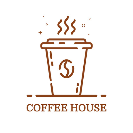Vector illustration of emblem concept coffee house in line style. Linear brown cup. Icon Design for internet, banner, web page and mobile app. Outline object e-commerce. Coffee shop label, logo.のイラスト素材