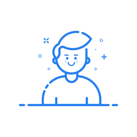Vector illustration of blue icon in flat line style. Linear blue cute and happy man. Graphic design concept of boy avatar use in Web Project and Applications Outline isolated object.のイラスト素材