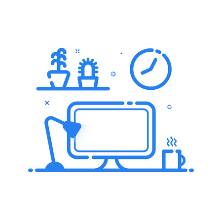 Vector illustration of blue icon in flat line style. Linear computer desk lamp, flowers. Graphic concept of work place design studio use in Web Project and Applications. Outline isolated object.のイラスト素材