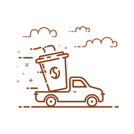 Vector illustration of icon concept coffee delivery service in line style. Linear motion brown truck with cup of flavor coffee. Outline graphic idea use in Web Project and Applications.のイラスト素材