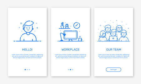 Vector Illustration of onboarding app screens and web concept design team for mobile apps in flat line style. Modern blue interface UX, UI GUI screen template for smart phone or web site banners.のイラスト素材