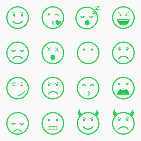 Set of green Emoticons, Emoji and Avatar. Outline style isolated vector illustration on white background. Happy, sad, disappointment face icon graphic.のイラスト素材
